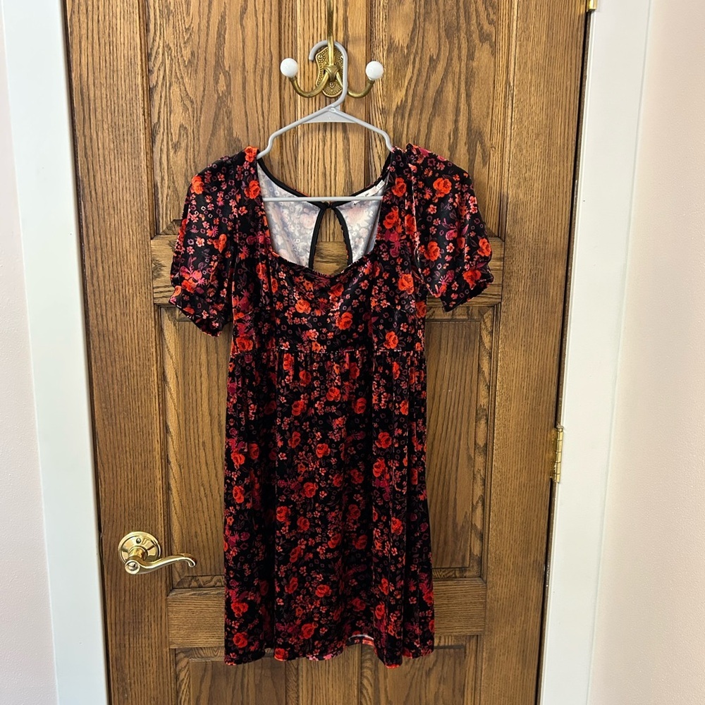 miami Francesca’s Floral Black and Red Velvet Babydoll Dress Small
